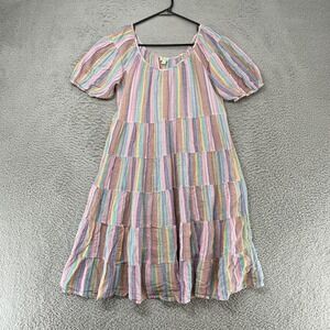 J. Crew Beachwear Dress Womens M Rainbow Stripe Puff Sleeve Tiered Sundress